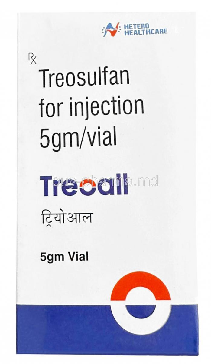 Treoall Injection, Treosulfan 5g, Injection Vial,Hetero Healthcare Ltd., Box front view
