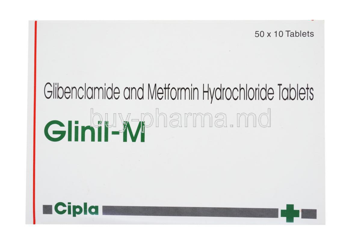 Generic Glucovance, Glibenclamide and Metformin hydrochloride tablets, Glinil-M, Cipla, 50x10 tablets, box front view