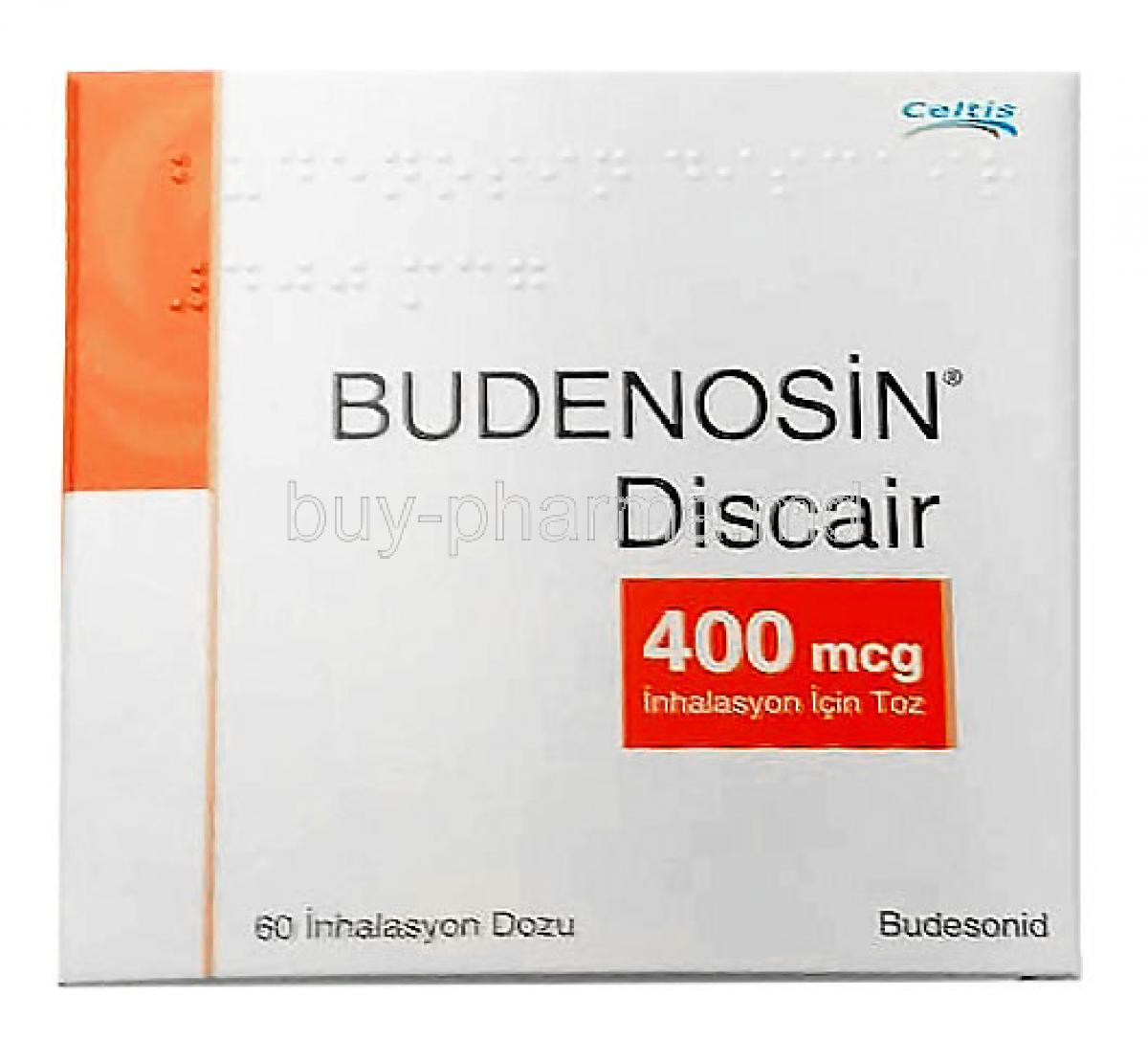 Budenosin Discair Inhaler, Budesonide 400 mcg, 60 doses Inhaler, Celtis İlaç San. Ve Tic. A.Ş, Box front view