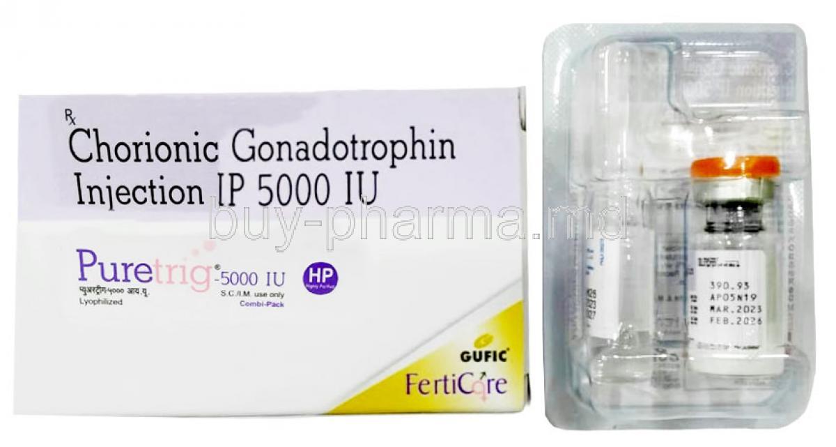 Puretrig Dry Vial for HCG Injection, Human Chorionic Gonadotropin (HCG)5000 IU, Gufic Bioscience Ltd, Box, Vial