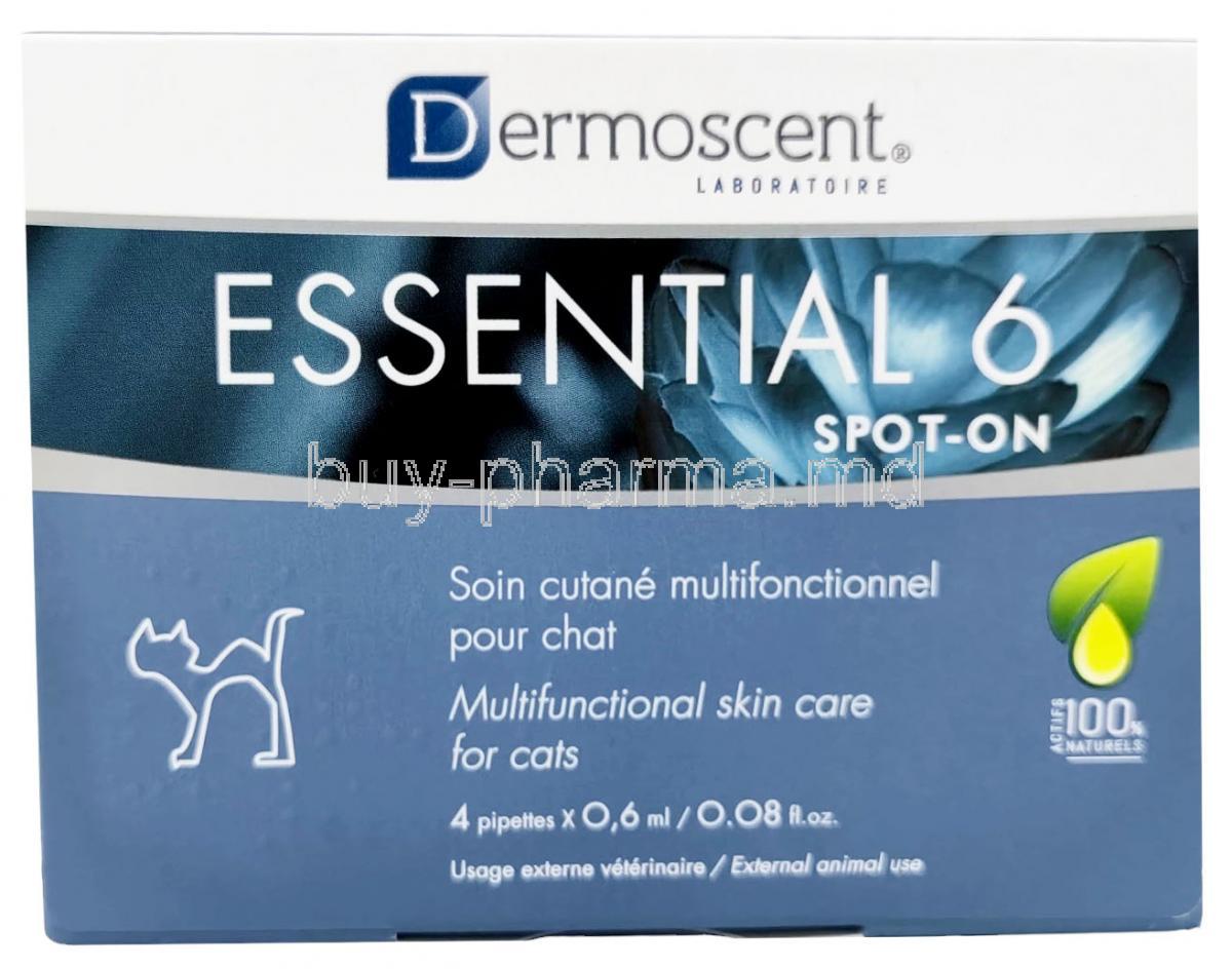 Dermoscent Essential 6 Spot-on, Hemp seed oil, Essential fatty acids, Pipettes 0.6mL X 4 (For cats), Box front view