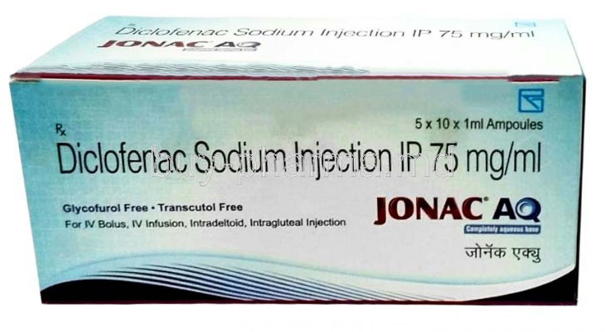 Jonac AQ Injection, Diclofenac 75mg per mL, Injection ampoule 1mL,Zydus Cadila, Box  front view