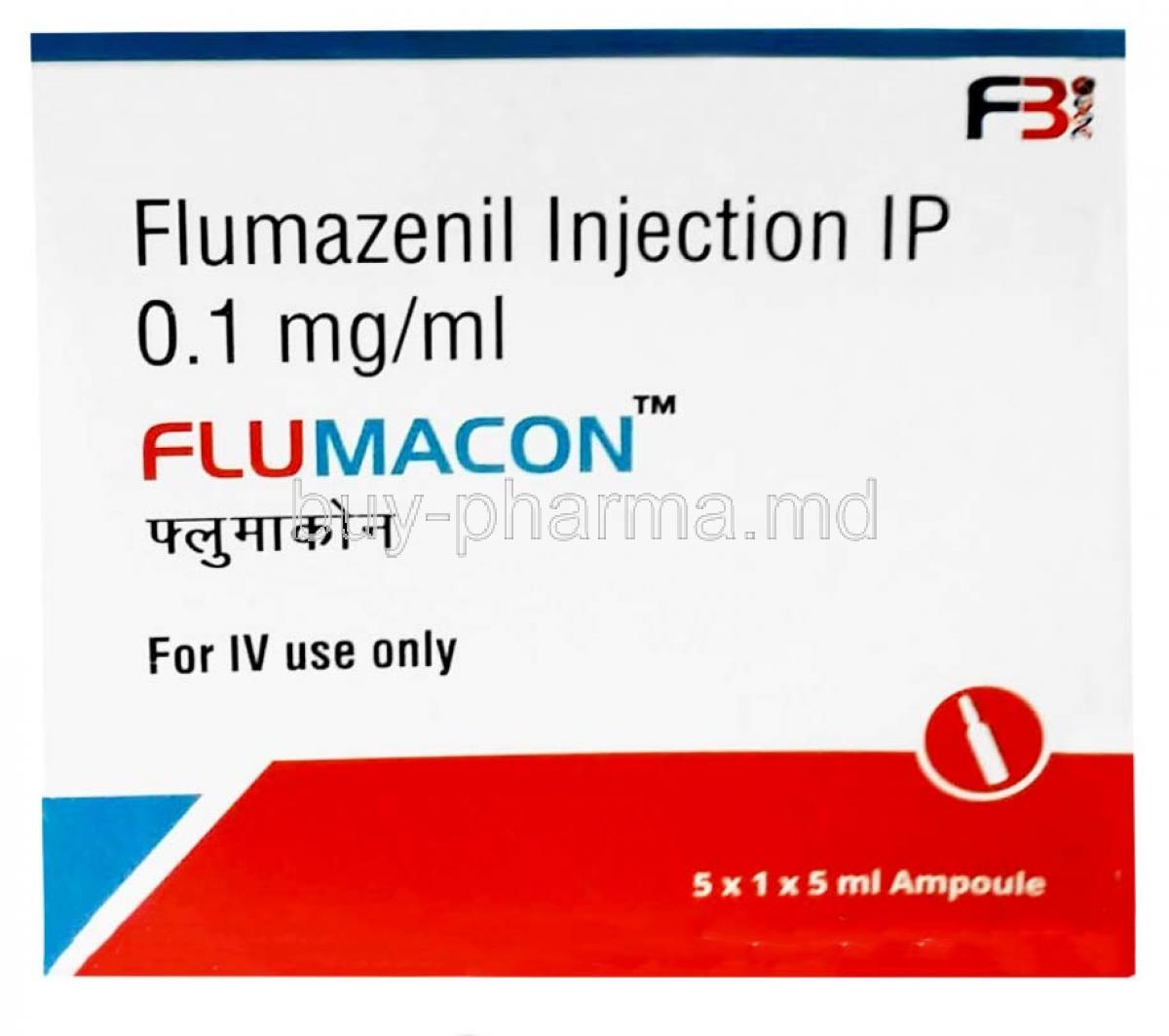 Flumacon Injection, Flumazenil 0.1mg per mL, 5mL X 5 ampoules,Divine Laboratories, Box front view