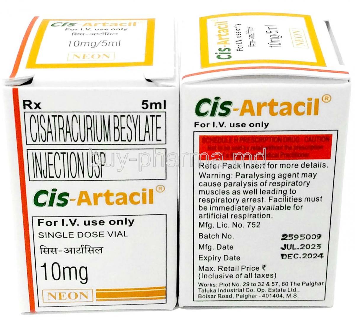Cis-Artacil Injection, Cisatracurium 10mg,Injection Vial 5mL, Neon Laboratories Ltd, Box front view, information