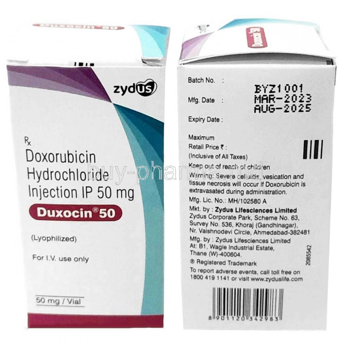 Duxocin Injection, Doxorubicin 50mg, Injection Vial for I.V, Zydus Cadila, Box front view, information