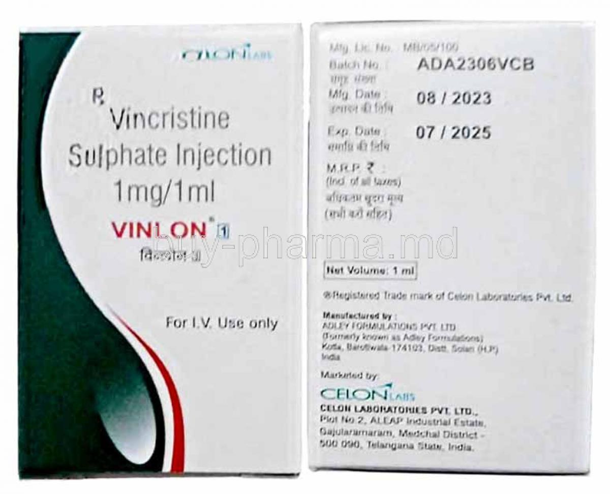 Vinlon Injection,Vincristine 1mg per 1mL, Celon Laboratories Ltd, Box front view, back view