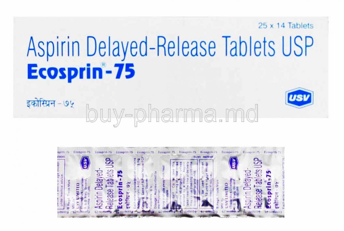 Ecosprin. Aspirin box and tablets