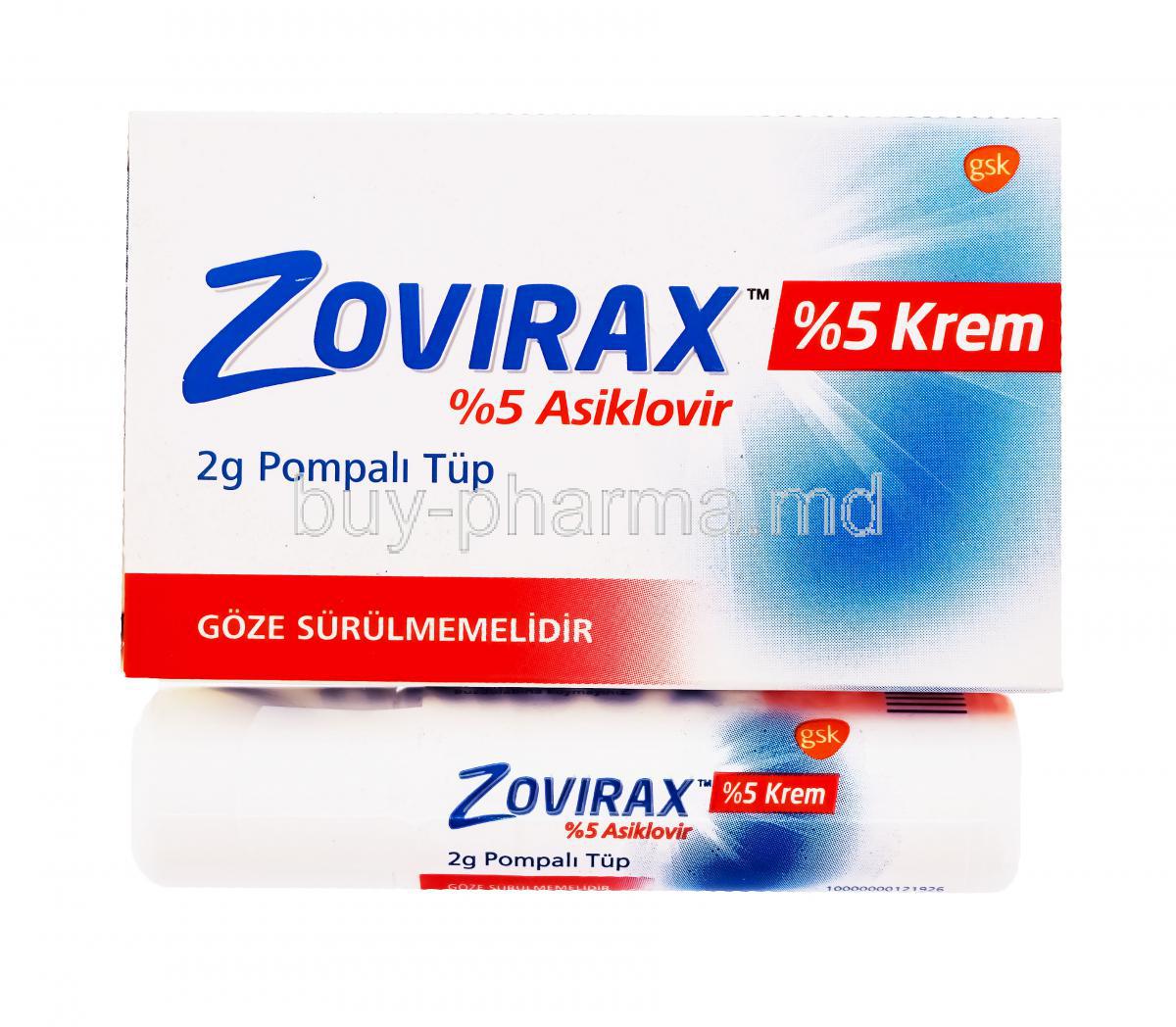 Zovirax Eye Ointment, 2g 5% asiklovir, box and tube front presentation, GSK