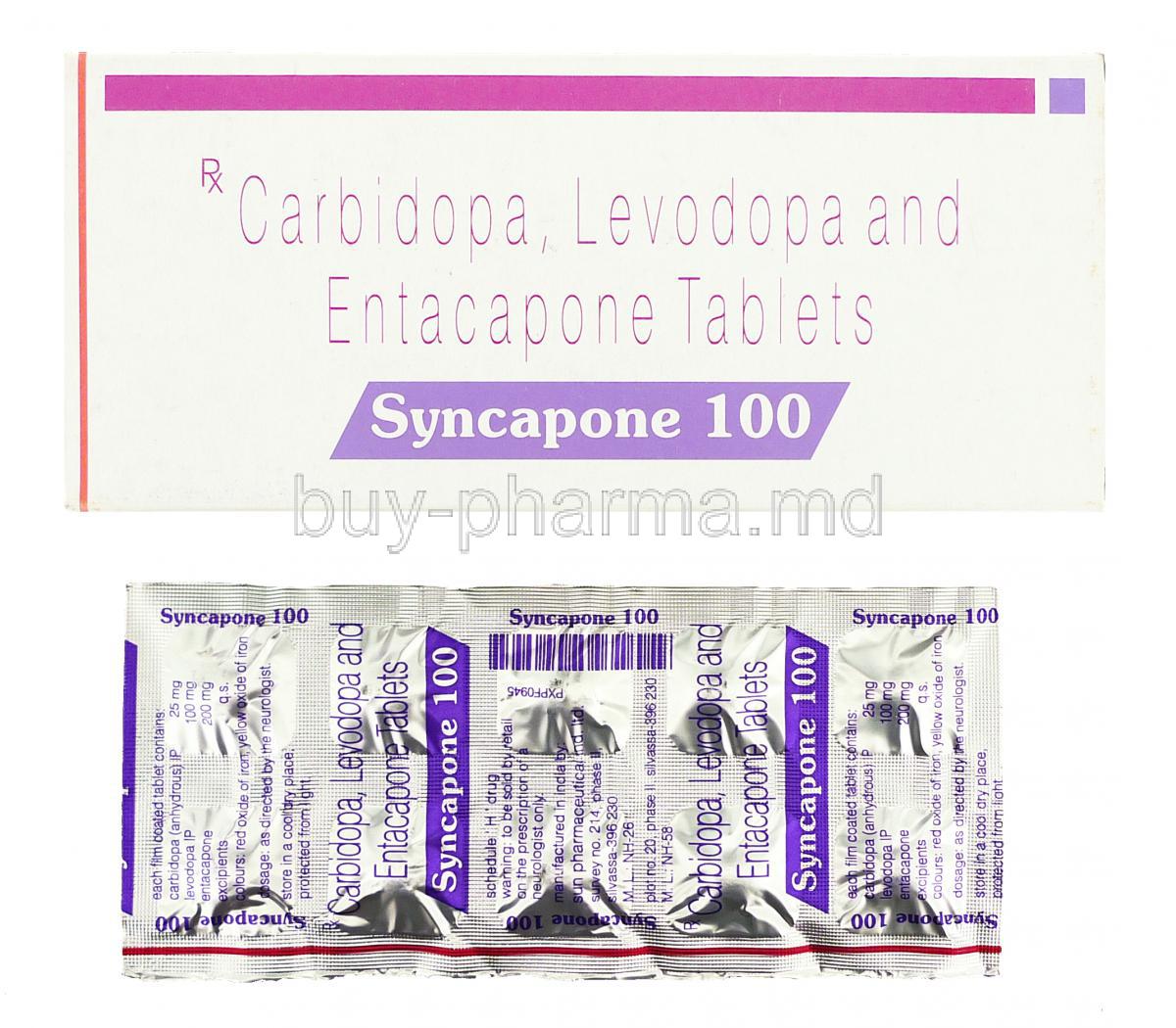 Syncapone, Generic Stalevo, Carbidopa 25 mg/ Levodopa 100 mg/ Entacapone 200 mg