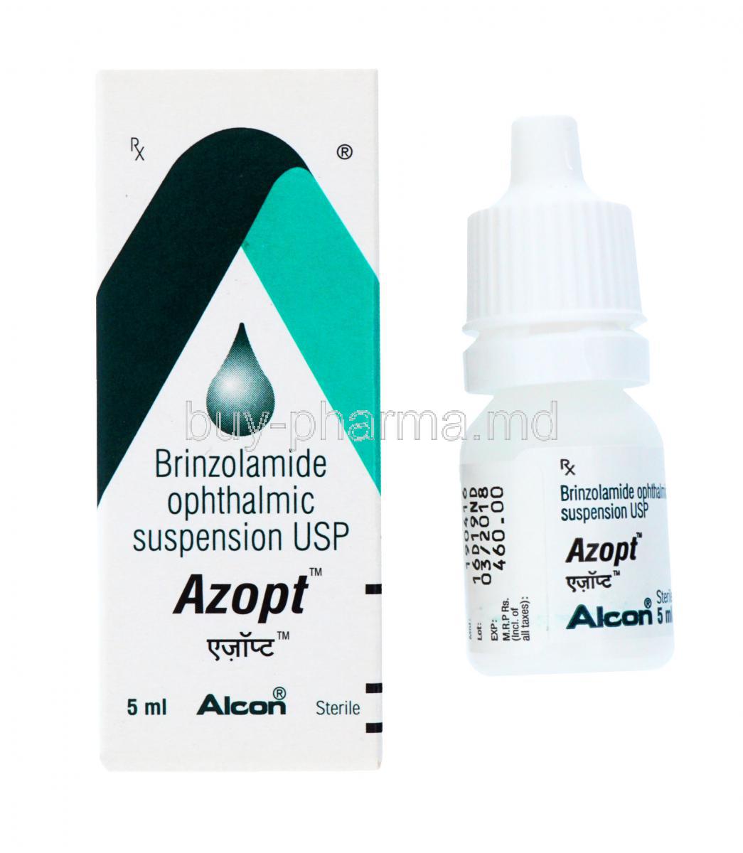 Azopt Eye Solution, Brinzolamide ophthalmic suspension USP, 5ml sterile, box and bottle front presentation