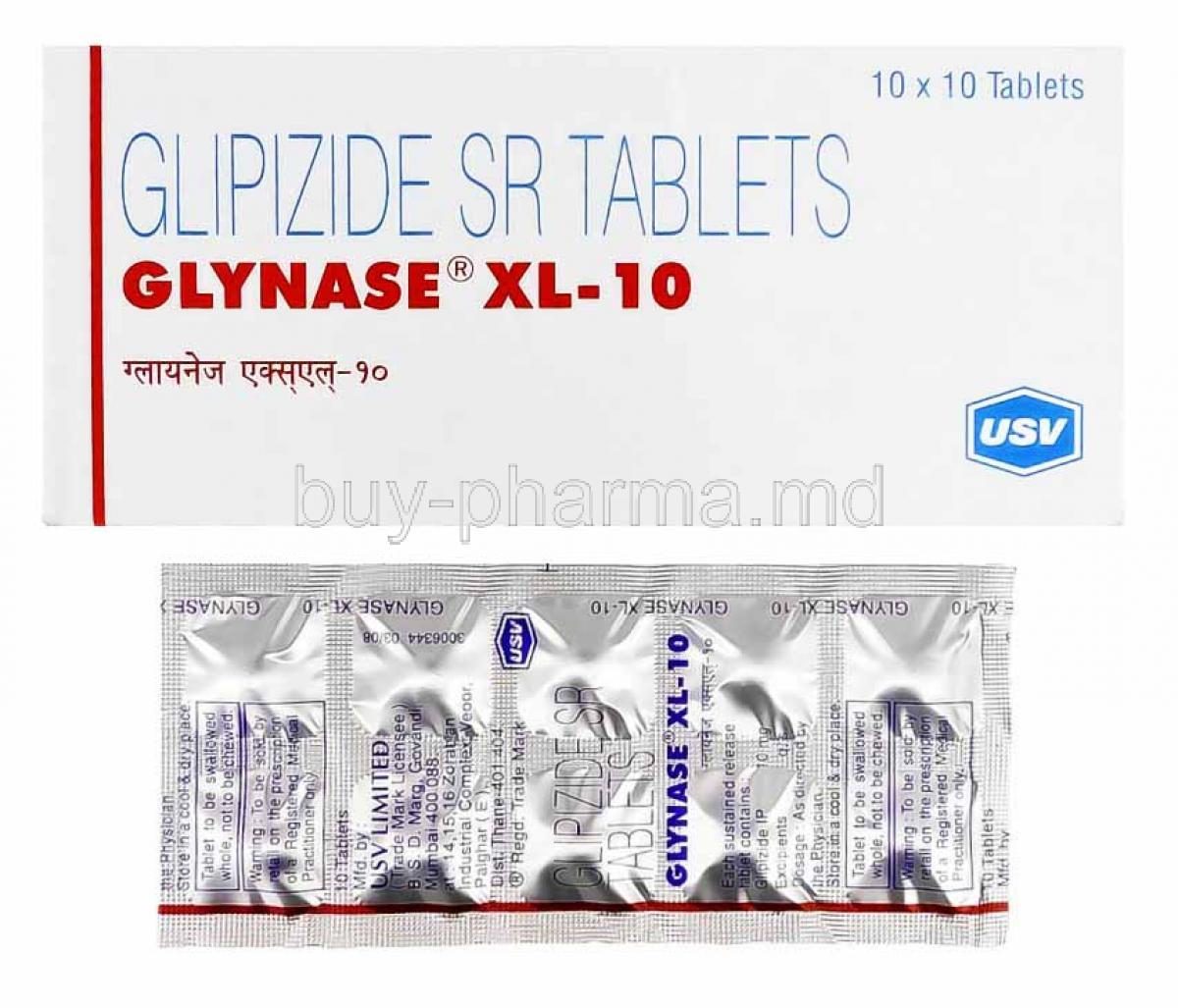 Glynase XL, Glipizide 10mg box and tablets