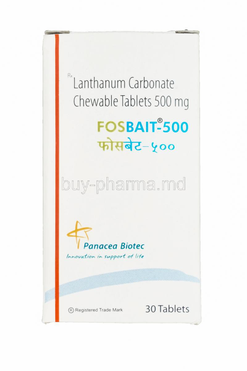 Fosbait-500, Generic Fosrenol, Lanthanum Carbonate 500mg Chewable Tablets Box