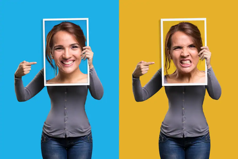 mood changes woman happy then angry 